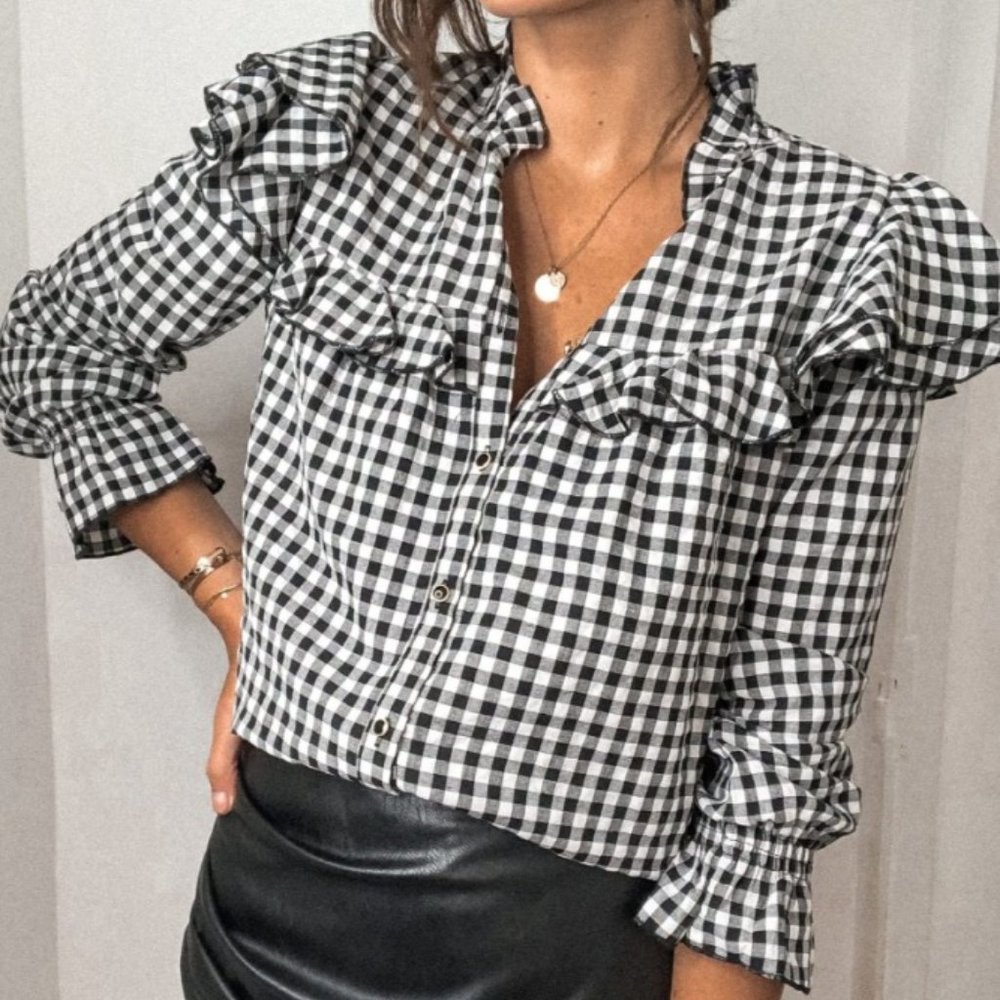 NWOT RoselyPink Gingham Ruffle Blouse Sz. L